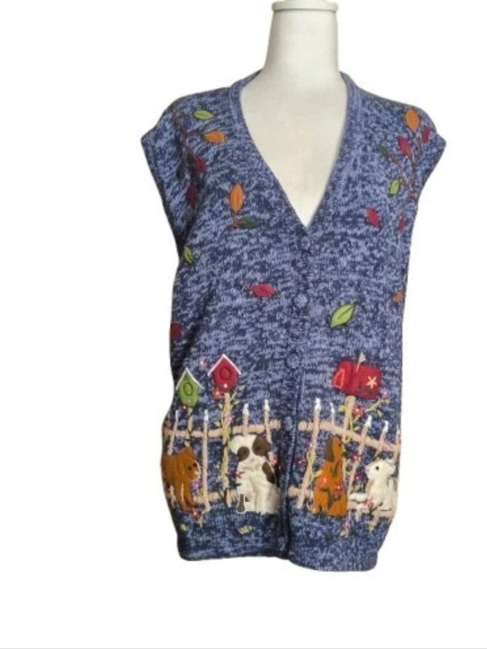 Y2K Bobbie Brooks Sweater Vest Embroidered Blue Womens 26/28 Puppies Fall Leaves